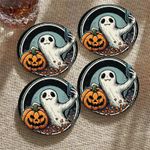 4 قواعد خشبية بطابع عيد الهالوين - أطباق 2D، قطر 8 سم، بتصاميم يقطين، حامي للطاولات مقاوم للحرارة، مناسب للقهوة والمشروبات الساخنة، ديكور منزلي وهدايا لحفلات الانتقال والديكور الهالوويني، أطباق 2D