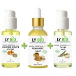 LY BIO PACK HUILE AMANDE DOUCE 50ml - POMPE + HUILE FENUGREC 50ML - PIPETTE + HUILE THYM 50ML - POMPE