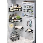 Pack 5 Pièces Étagères de Douche Murales Sans Perçage – Corner Shower Caddy en Métal Noir Rangement Salle de Bain Moderne & Gain de Place
