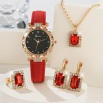 Montre bracelet en cuir pour femmes, ensemble de 5 pièces Rouge, accessoires femme, cadeau,  