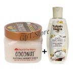 Fruit Of The Wokali مقشر جسم طبيعي برائحة جوز الهند (600 جرام) + زيت جسم جوز الهند النقي Tulipàn Negro (200 مل)