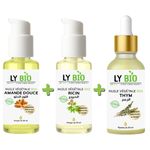 LY BIO PACK HUILE AMANDE DOUCE 50ml - POMPE + HUILE RICIN 50ml - POMPE + HUILE THYM 50ML - PIPETTE