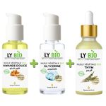 LY BIO PACK HUILE AMANDE DOUCE 50ml - POMPE + HUILE GLYCERINE 50ml - POMPE + HUILE THYM 50ML - PIPETTE