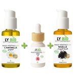 LY BIO PACK HUILE CAMOMILLE 50ML - POMPE + HUILE ESSENTIEL ROSE 10ML + HUILE NIGELLE 50ML - POMPE