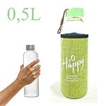 product_image_name-Generic-زجاجة ماء زجاجية 0.5 لتر مع غلاف عازل بتصميم 'H2O Happy' - أخضر-1