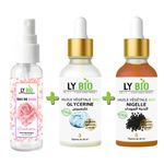 LY BIO حزمة لايبيو ماء الورد 100 مل + زيت الجلسرين 50 مل - قطارة + زيت الحبة السوداء 50 مل - قطارة