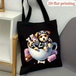 Sac à main imprimé Yorkshire Terrier et os pour femmes - Design mignon avec motif patte et os, sac à main durable pour études, voyage, plage, shopping - Accessoire réutilisable pour amoureux des animaux (sans fermeture) - Noir