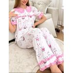 product_image_name-Generic-Ensemble de vêtements de nuit pour femme avec motif de chat mignon, bloc de couleurs et volants-2