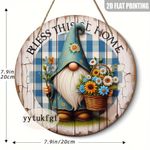 product_image_name-Generic-Plaque de Bienvenue Nain de Jardin Rustique en Bois Artificiel Plat 2D, 1 pièce - Décoration Murale Ronde 20.32x20.32 cm avec Motif "Bénissez Cette Maison", Nain au Chapeau Bleu et Tournesols, Décor Campagnard pour Intérieur/Extérieur, Cadeau de Pendaiso-2