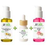 LY BIO PACK HUILE CAMOMILLE 50ML - POMPE + HUILE ESSENTIEL EUCALYPTUS 10ML + HUILE ROSE 50ml - POMPE