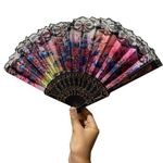 Éventail Pliable Noir et Tissu à Fleurs