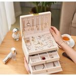 rangement pour bijoux en cuir à 3 étages avec poignée, rangement pour boucles d'oreilles, bagues, bracelets en beige