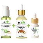 LY BIO PACK HUILE ALOE VERA 50ml - POMPE + HUILE CANNELLE 50ML - PIPETTE + HUILE ESSENTIEL EUCALYPTUS 10ML