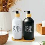 product_image_name-Generic-Ensemble de 2 distributeurs savon mains & liquide vaisselle – Verre mat blanc & noir, pompes bambou et plateau en bois-3
