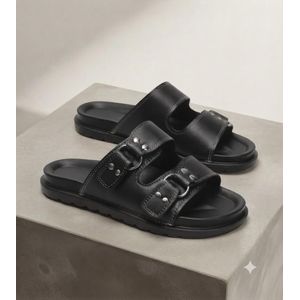 Sandales à Double Boucle et Anneaux Style Designer - Cuir Grainé NOIR -SUMMER 2026