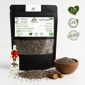 BIO SANTE Graines de chia qualité premium oméga 3 fibres cuisine healthy Bio Santé 100 g + huile de Amande douce 15ml gratuit