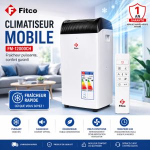 Fitco Climatiseur Mobile – 12000 BTU – Refroidissement Rapide – Déshumidification – Télécommande – Blanc