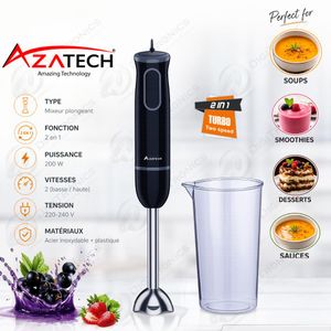 AZATECH Mixeur Plongeant 2 en 1 Double Vitesse 200W, Lame Acier Inoxydable avec Gobelet