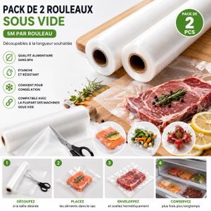 Pack de 2 Rouleaux de Sacs de Conservation Sous Vide 5 m – Rouleaux Alimentaires Découpables, Étanches et Compatibles avec Machines Sous Vide