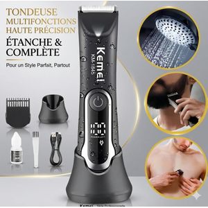 Kemei KM-1845 Tondeuse Électrique Étanche – Rasoir Corps et Zones Intimes, Rechargeable, Afficheur LCD, Coupe Précise et Douce