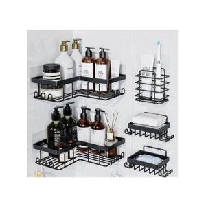 Étagères d’angle murales pour salle de bain en métal noir – Support de rangement pour shampoing, savon et accessoires en 5 pièces