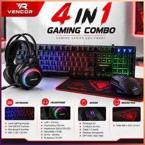 Vencor CP-09 Gaming Combo 4 Pièces – Clavier Souris Casque Gamer avec Micro + Mouse Pad RGB