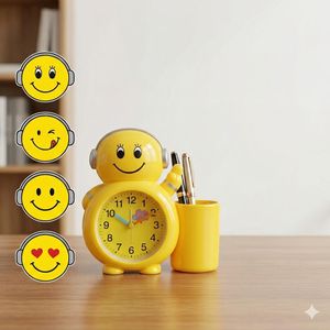 Réveil ludique avec visages souriants et support pour stylos, organiseur pratique pour bureau enfant, maison et école (désigne aléatoire)