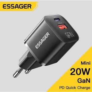 ESSAGER Chargeur Secteur Mini 20W GaN USB-C + USB-A Charge Rapide PD QC Universel