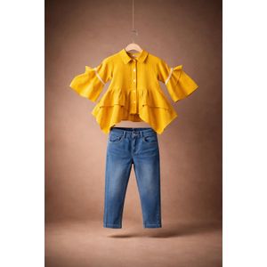 Ensemble fille top élégant jaune moutarde + jean bleu (2 à 5 ans)