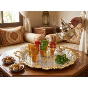 Plateau à Thé Marocain Traditionnel en Métal Argente Gravé – Avec Poignées, Décoration Artisanale Élégante