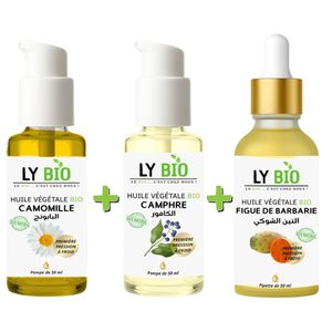 LY BIO PACK HUILE CAMOMILLE 50ML - POMPE + HUILE CAMPHREE 50ML - POMPE + HUILE FIGUE DE BARBARIE 50ML - PIPETTE