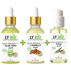 LY BIO PACK HUILE ALOE VERA 50ml - PIPETTE + HUILE CANNELLE 50ML - PIPETTE + HUILE THYM 50ML - POMPE