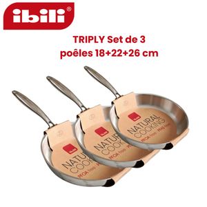 Ibili TRIPLY Set de 3 Poêles 18+22+26 cm naturelle en acier inoxydable sans revêtement antiadhésif Compatible avec tous les types de feux