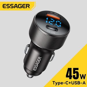 ESSAGER USB C chargeur de voiture 45W 2 Ports PD3.0 QC3.0 affichage numérique chargeur de téléphone de voiture pour iPhone 16 15 Xiaomi Huawei Samsung OPPO