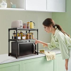 Étagère à Micro-Ondes 2/3 Niveaux en Acier Inoxydable, Organisateur de Cuisine Multifonction, Support de Rangement pour Micro-Ondes, Épices et Ustensiles