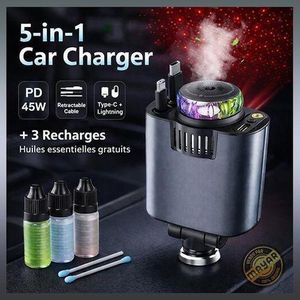 Chargeur de Voiture 45W 5-en-1 avec Câbles Rétractables, PD 30W, Diffuseur d’Huiles Essentielles et Lumière Starlight – USB & Type-C