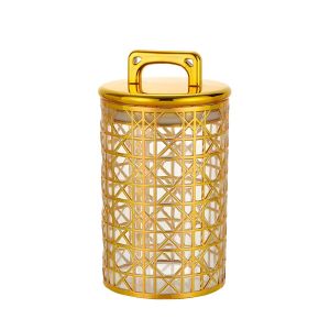 Bocal de Rangement Décoratif - Verre et Métal Doré Motif Cannage - Pour Snacks et Petits Objets - 10x18.5cm