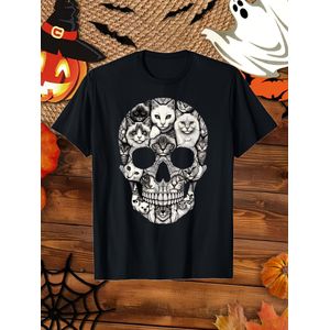 T-shirt Gothique Homme Tête de Chat Crâne - 180Gsm Lourd, Imprimé Crâne Noir et Blanc et 12 Visages de Chat (Incluant Tuxedo Tabby Calico), Tee Streetwear Respirant et Extensible pour Halloween, Vêtement Décontracté