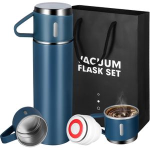 Bouteille isotherme avec 3 tasses en acier inoxydable 304 portable pour les affaires, maintient la chaleur Et le froid -Bleu