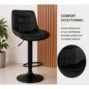 Tabouret de Bar Moderne Noir Réglable avec Dossier Confort
