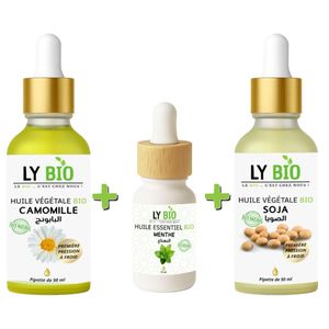 LY BIO PACK HUILE CAMOMILLE 50ML - PIPETTE + HUILE ESSENTIEL MENTHE 10ML + HUILE SOJA 50ML - PIPETTE