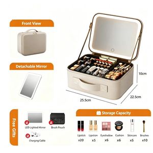 Trousse de maquillage portable avec miroir LED, grande capacité, compartiments amovibles, porte-pinceaux, mallette cosmétique de voyage en cuir PU