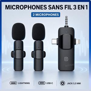 Kit de 2 Microphones Cravate Sans Fil avec Récepteur 3-en-1 Lightning, USB‑C et Jack 3,5 mm – Pour iPhone, Android, Caméra et Ordinateur