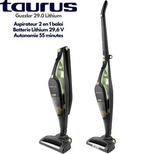 Taurus Guzzler 29.0 Lithium Aspirateur Balai 2 en 1 Sans Fil 29,6V, Autonomie 55 min, Turbo Brush Toutes Surfaces, Système Cyclonique, Réservoir 0,7 L Amovible, Pliable, Position Parking, Accessoires Inclus