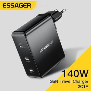 ESSAGER Chargeur Secteur GaN 140W USB-C & USB-A – Charge Rapide 3 Ports (2 USB-C + 1 USB-A) pour PC Portable, Smartphone et Tablette