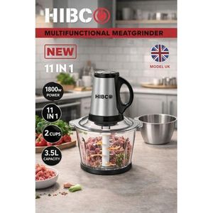 General Hachoir Électrique HIBCO 3,5L 1800W Multifonctions 2 Bol Inox & verre Avec 3 Lames Et Plusieurs Accessoires Avec Fonction Manuel
