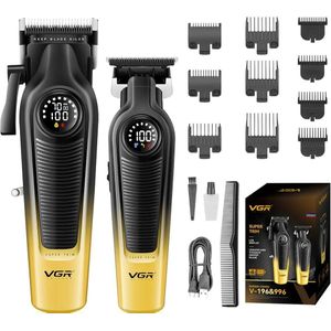 VGR Ensemble de tondeuse à cheveux professionnelle, kit de coiffure sans fil avec lame revêtue de céramique et de titane, tondeuse à cheveux professionnelle pour hommes avec écran LED, 10 sabots de guidage et 1 peigne