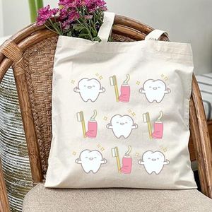 Sac fourre-tout en toile pour dentiste amusant, grande capacité, cadeau pour assistant dentaire, style simple et tendance, sac à main durable sans fermeture pour pique-nique et fête en plein air, blanc