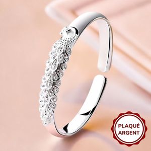Bracelet Femme Plaqué Argent Élégant – Manchette Motif Plume Chic & Moderne plus boîte 
