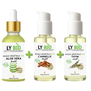 LY BIO PACK HUILE ALOE VERA 50ml - PIPETTE + HUILE CANNELLE 50ML - POMPE + HUILE THYM 50ML - POMPE